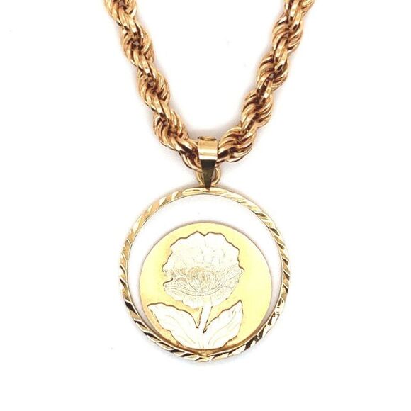 14k Thick Rope Rose Flower Disc Pendant Necklace - Picture 1 of 8